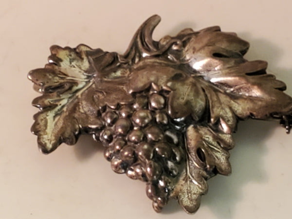 1940s Jewel Art Sterling Silver Brooch, Grape Leaf design