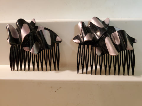 Pair signed Bill Schiffer hair combs, hand painted