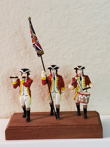 3 piece Redcoats marching band with flag, lead, Britians?