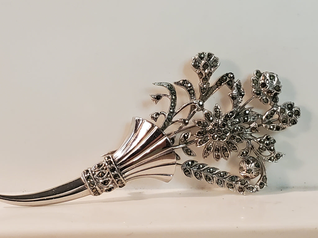 Sterling silver Floral Cornucopia Brooch w/marcasite