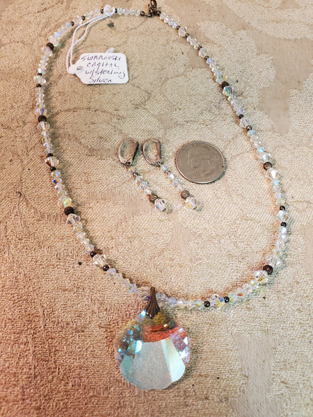 Swarovski Seashell Clam crystal Necklace & earrings set, sterling