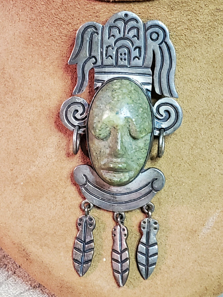Aztec warrior carved brooch, Malachite Sterling silver