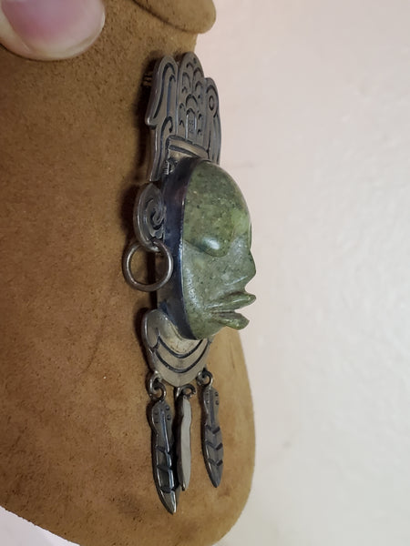 Aztec warrior carved brooch, Malachite Sterling silver