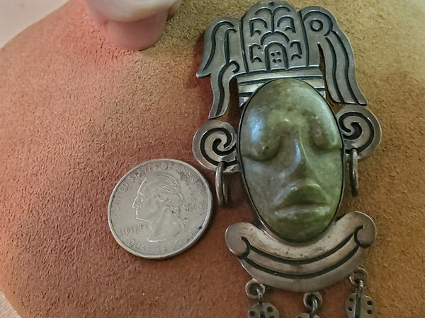 Aztec warrior carved brooch, Malachite Sterling silver