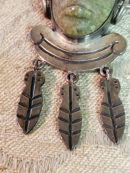 Aztec warrior carved brooch, Malachite Sterling silver