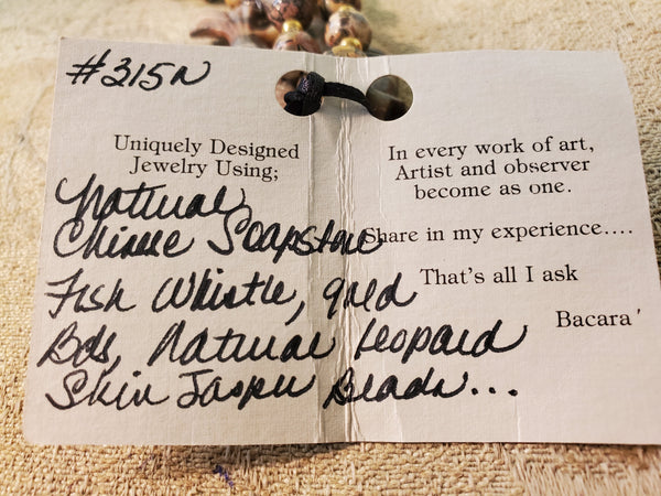 Bacara Designs Chinese Soapstone Fish Necklace, Earrings, gold Jasper beads