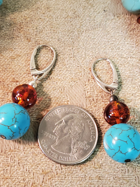 Amber & bead tumbled turquiose necklace & earrings set