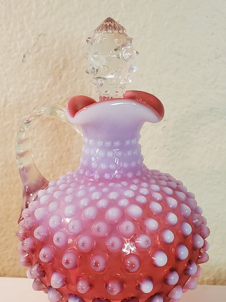 Fenton Cranberry Opalescent hobnail Cruet w/stopper