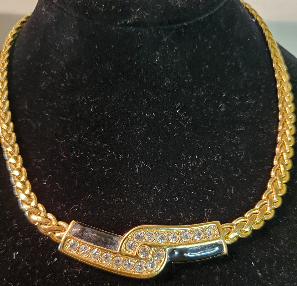 Swarovski Goldtone & black necklace, crystal, 16", 1980s