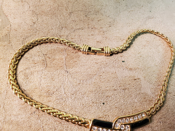 Swarovski Goldtone & black necklace, crystal, 16", 1980s